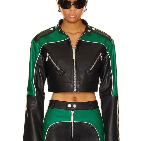 Camilla Jackets & Blazers - Camila Coelho Cropped Moto Biker Leather Jacket in Green & Black